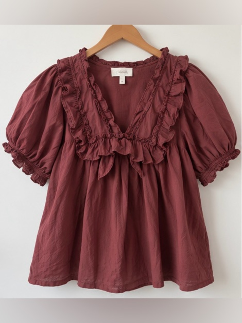 Cleobella Boho 100% Organic Cotton Ruffled Puff Sleeve Top - Burgundy, M